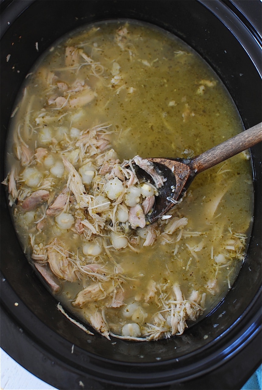 Slow Cooker Salsa Verde Chicken Posole from Bev Cooks