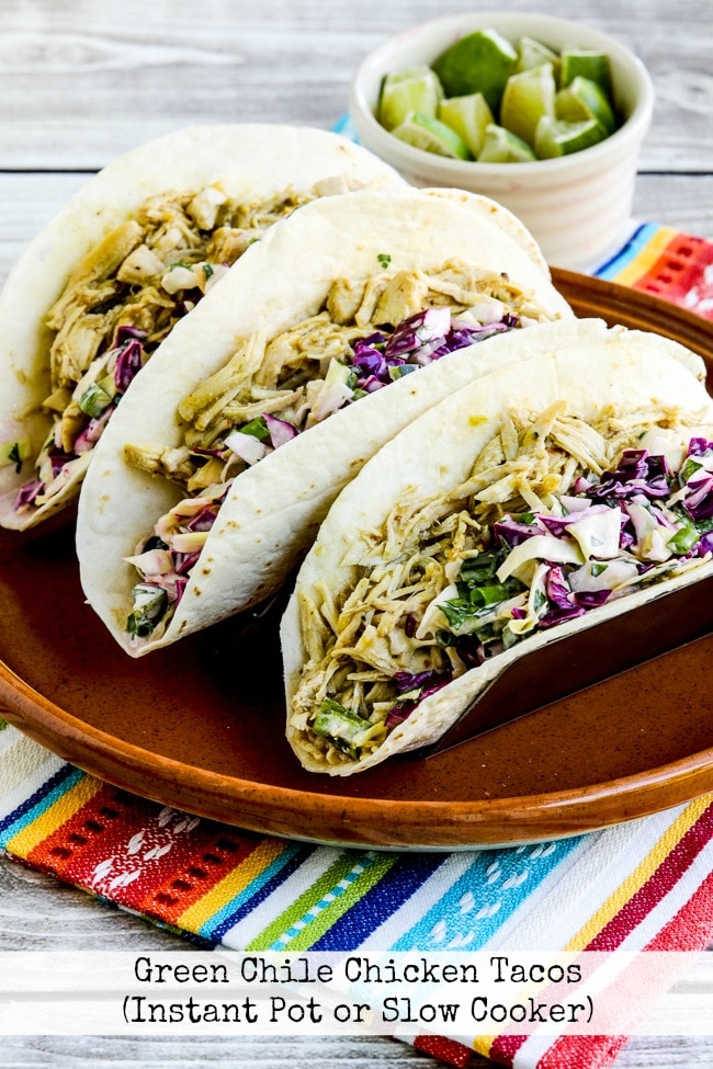 Slow Cooker or Instant Pot Green Chile Chicken Tacos from Kalyn's Kitchen