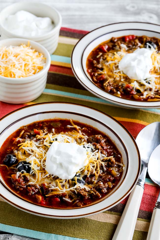 Instant Pot Ground Beef Olive Lover's Chili from Kalyn's Kitchen