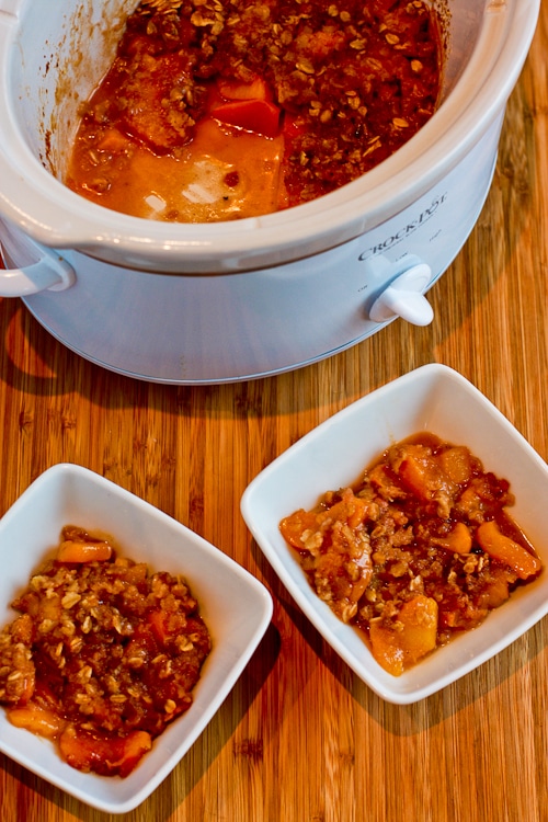 Low- Sugar and Gluten-Free Slow Cooker Peach Crisp from Kalyn's Kitchen