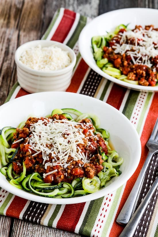 Instant Pot Pasta Sauce from Kalyn's Kitchen shown over zucchini noodles in two bowls