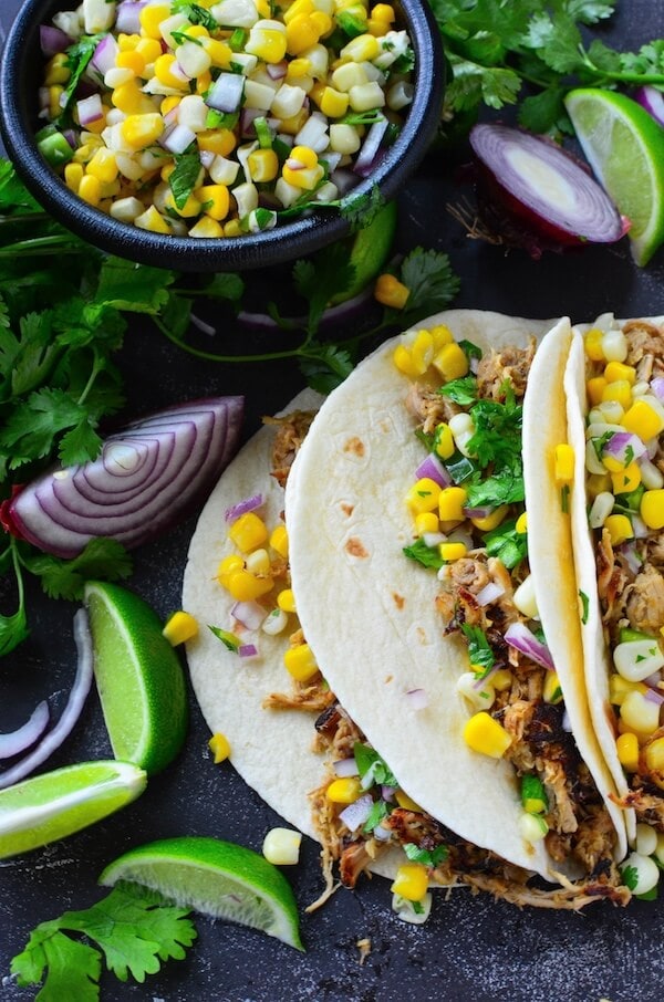 Crispy Pork Carnitas with Corn Salsa from The Novice Chef