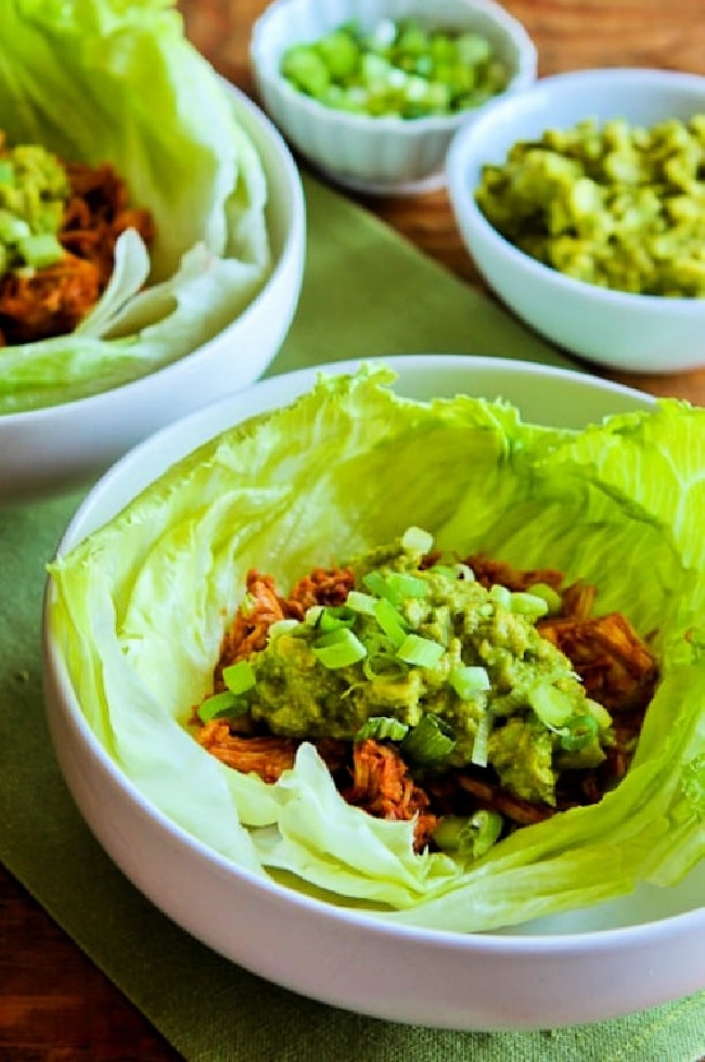 Slow Cooker Barbecued Chicken Lettuce Cups from Kalyn's Kitchen shown in serving bowls