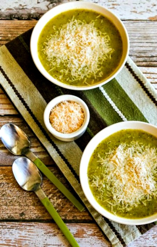 Zucchini and Yellow Squash Soup from Kalyn's Kitchen, soup in bowls with Parmesan on the side