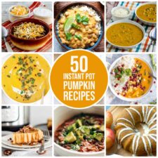 50 Instant Pot Pumpkin Recipes with photos of featured recipes and text overlay on collage