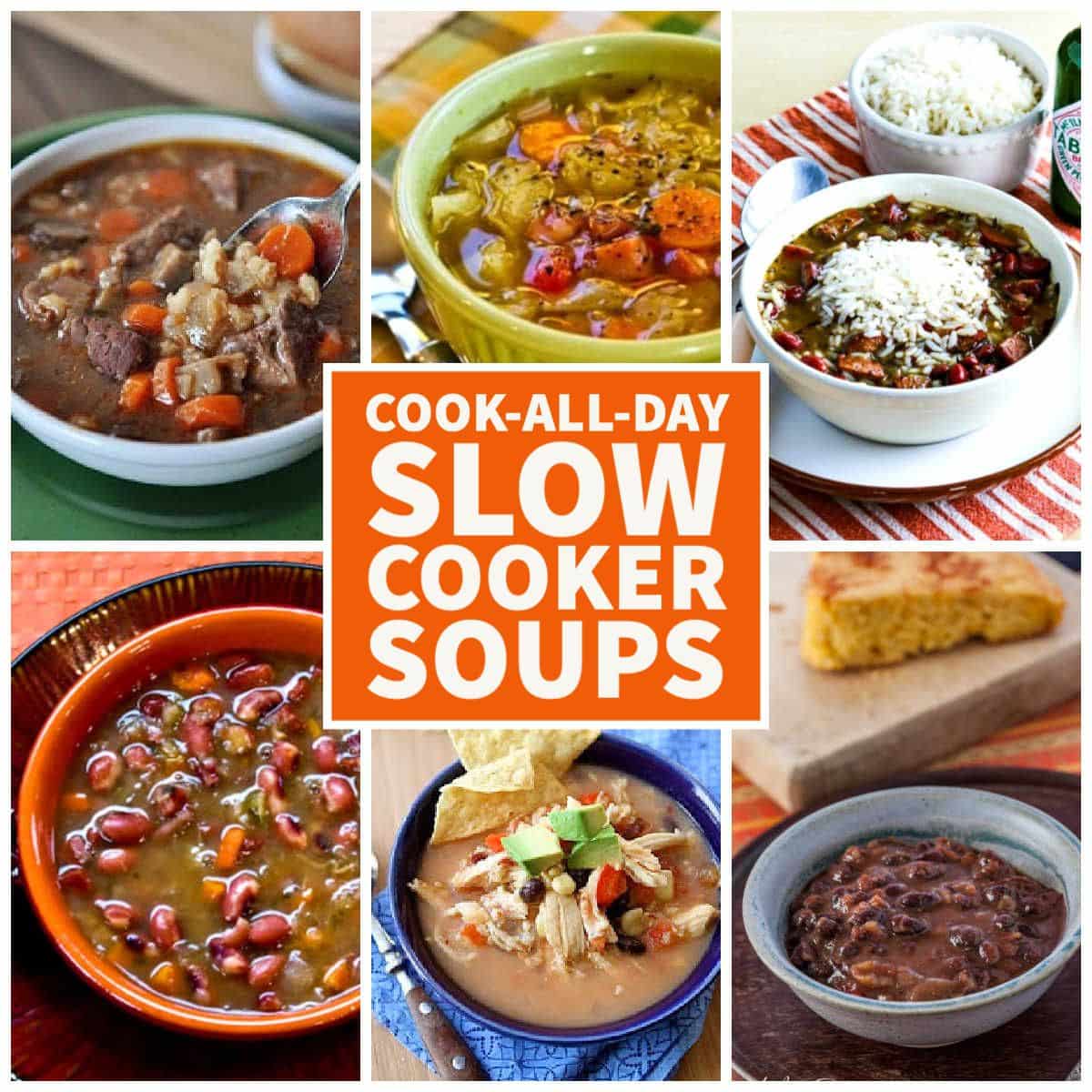 Cook-All-Day Slow Cooker Soups collage of featured recipes.