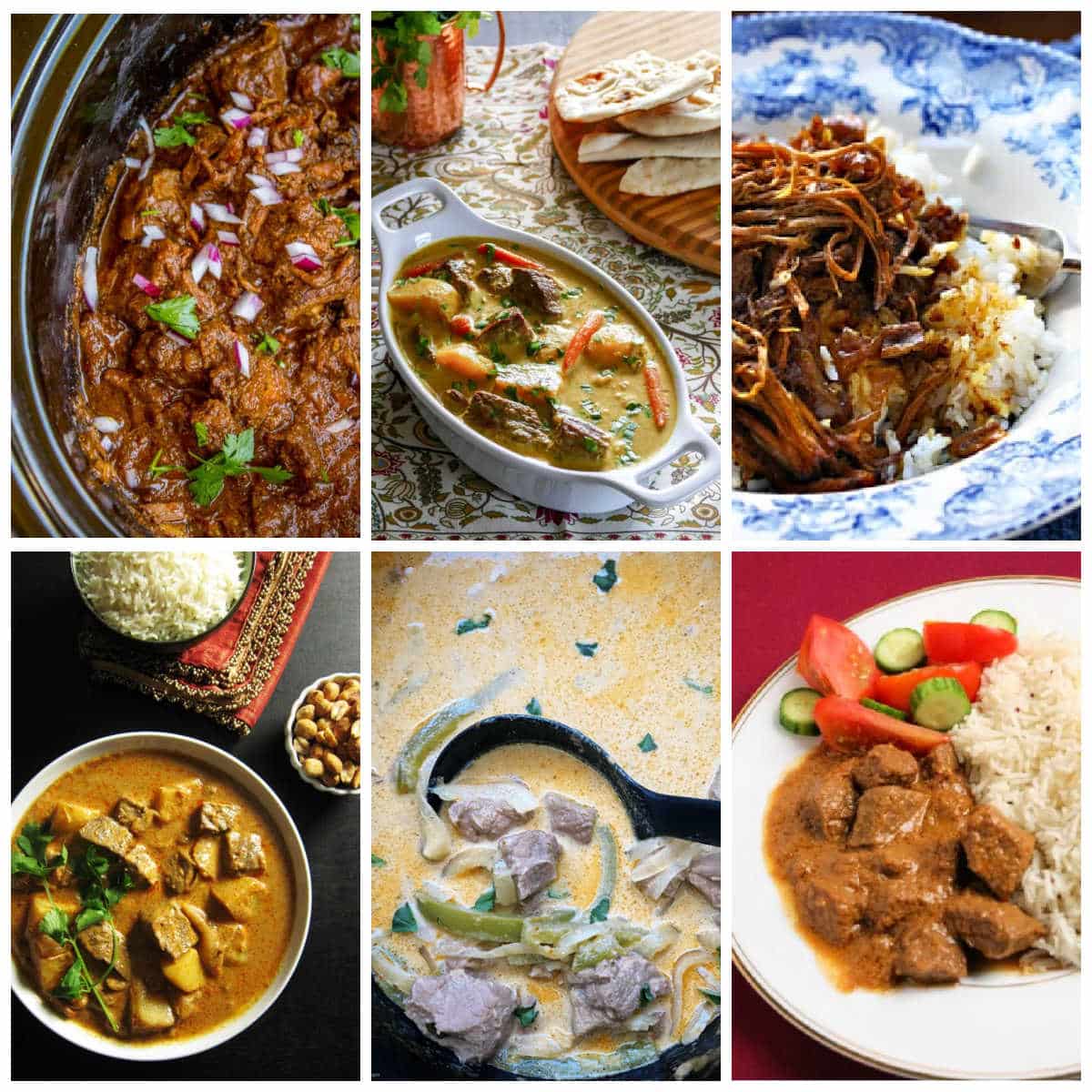Beef Curry Recipes (Slow Cooker or Instant Pot) collage of featured recipes.