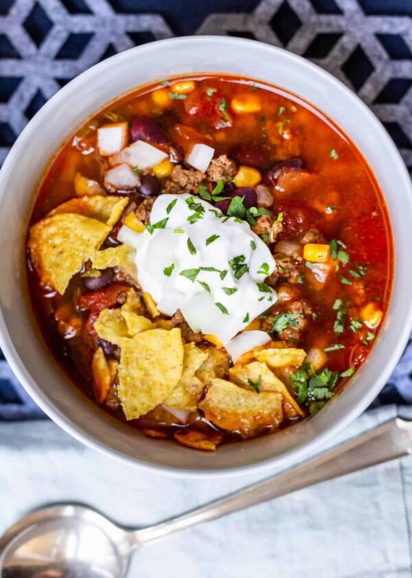 Instant Pot Taco Soup from Simply Recipes topped with tortilla chips