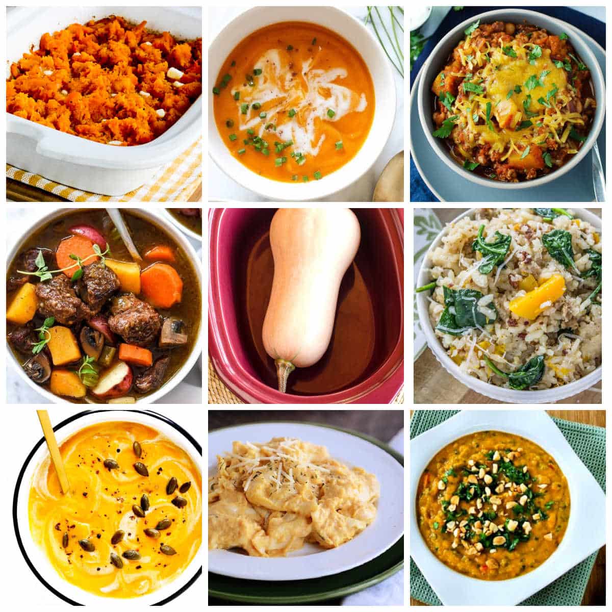 Slow Cooker Butternut Squash Recipes collage of featured recipe photos