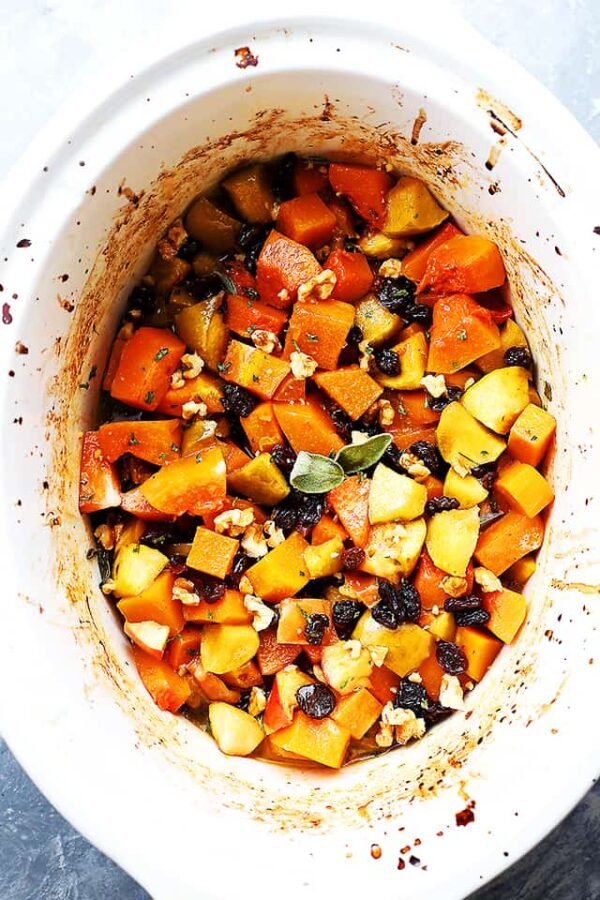 Crock Pot Butternut Squash with Apples, Walnuts, and Raisins from Diethood