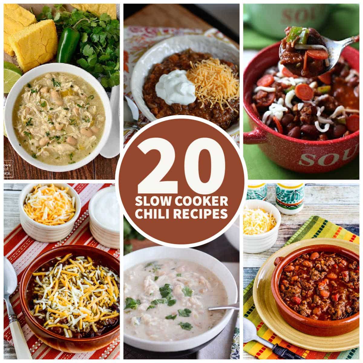20 Slow Cooker Chili Recipes collage of featured recipes