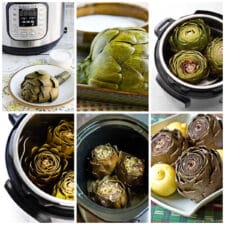 Collage photo for Cooking Artichokes in the Slow Cooker or the Instant Pot, photos of featured recipes