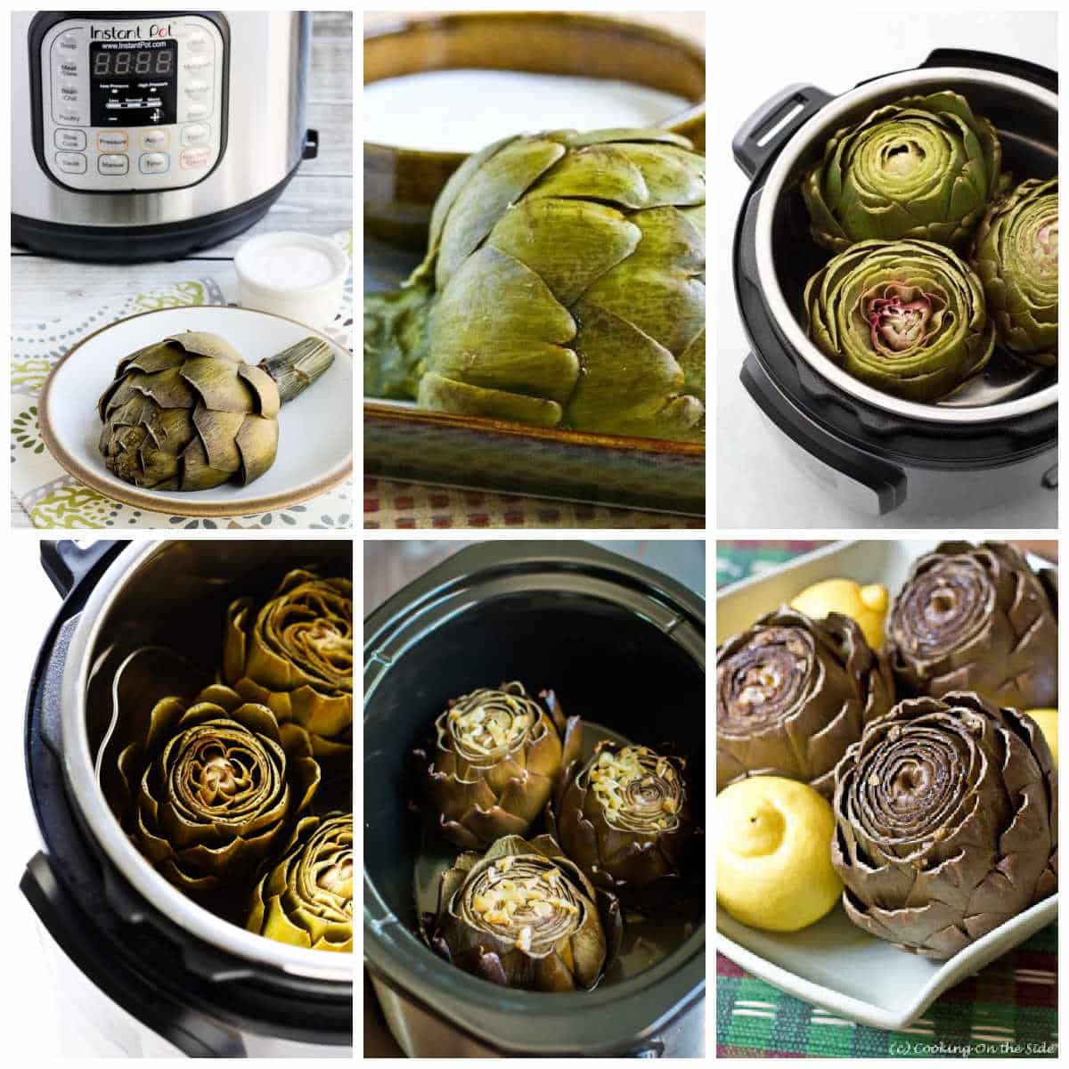 Collage photo for Cooking Artichokes in the Slow Cooker or the Instant Pot, photos of featured recipes 