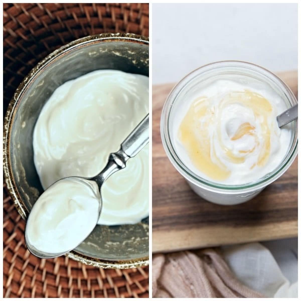 How to Make Greek Yogurt collage with two images of finished yogurt.