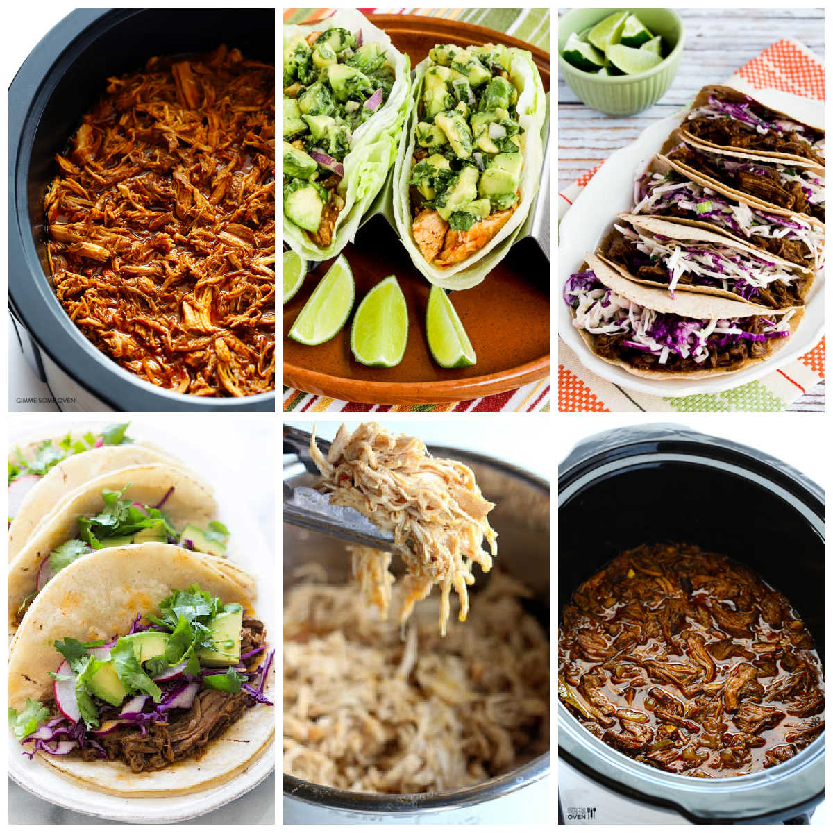 Slow Cooker or Instant Pot Mexican Beef, Chicken, or Pork collage of featured recipes.