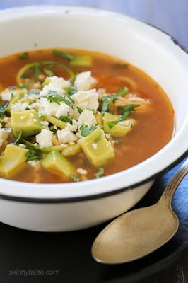 Slow Cooker Chipotle Chicken Zucchini Fideo Soup from Skinnytaste shown in serving bowl