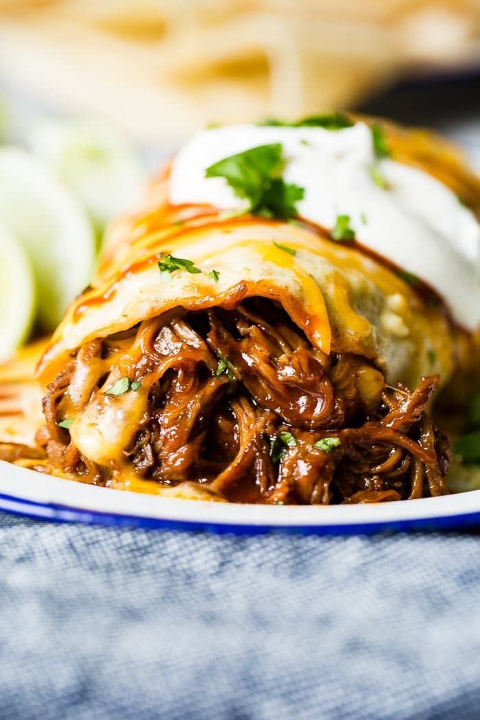Instant Pot Smothered Barbecued Beef Burritos from Oh Sweet Basil