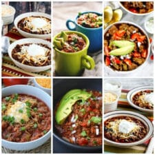 Square image for Low-Carb and Keto Instant Pot Chili collage of featured recipes.