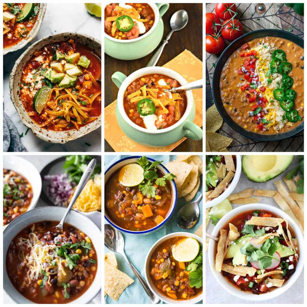 Vegetarian Tortilla Soup Recipes collage of featured recipes.