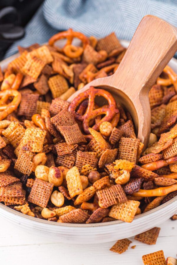 Classic Slow Cooker Chex Mix from Family Fresh Meals shown in serving bowl