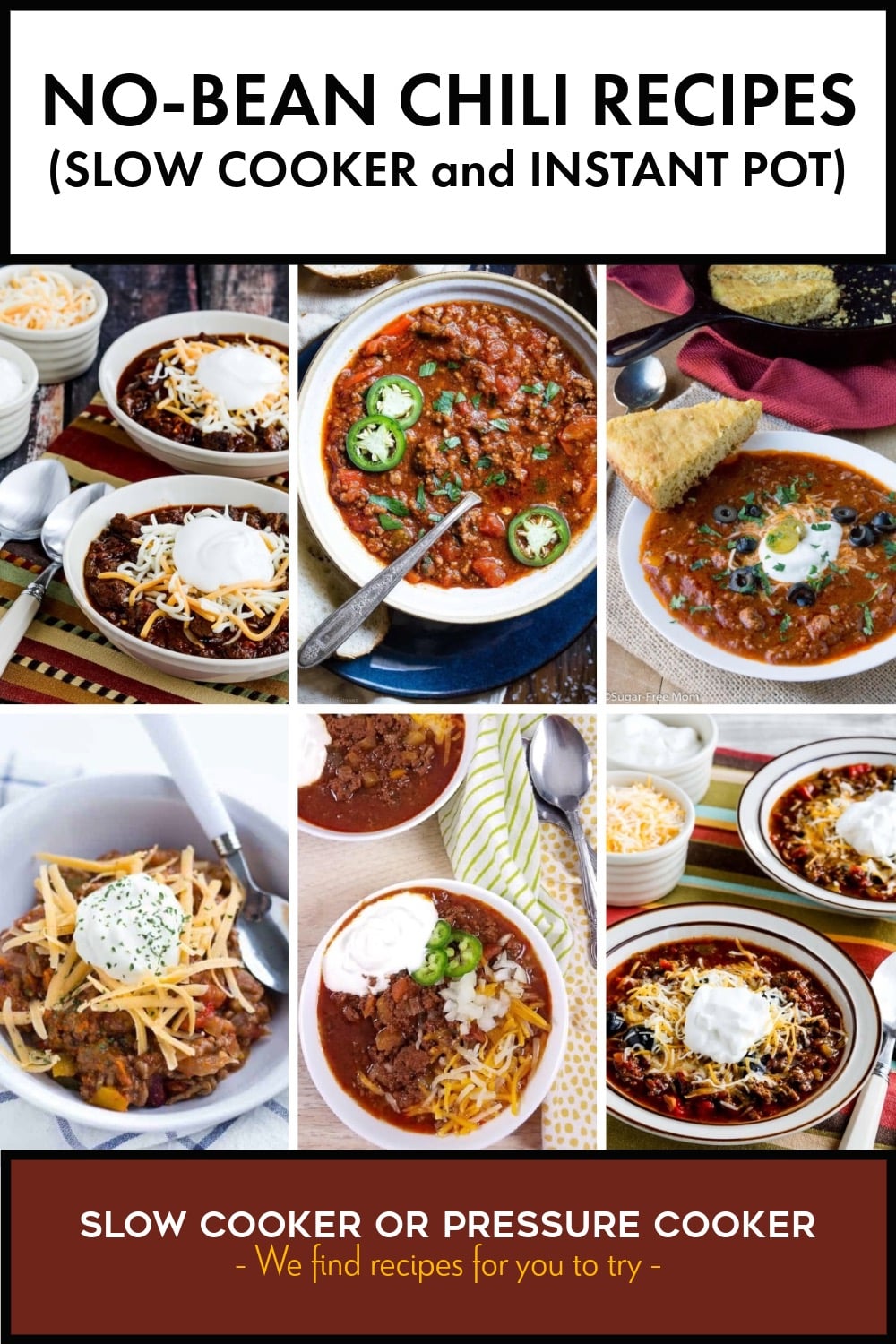 Pinterest image of No-Bean Chili Recipes (Slow Cooker and Instant Pot)
