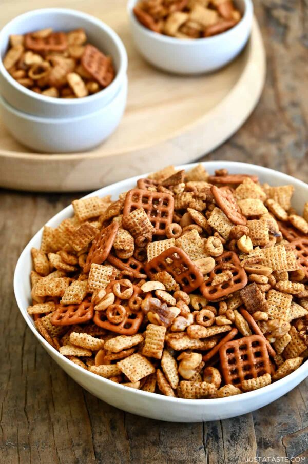 Homemade Chex Mix from Just a Taste shown in large serving bowl.