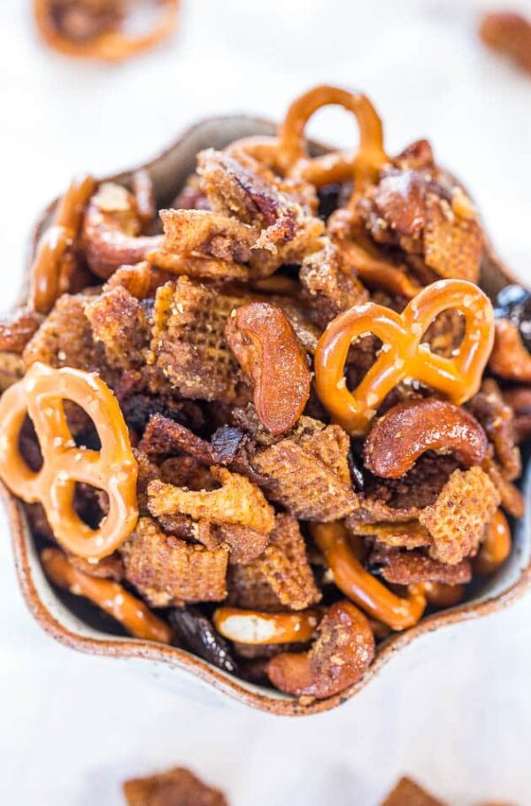 Crockpot Maple Pumpkin Spice Chex Mix from Averie Cooks shown in serving bowl.