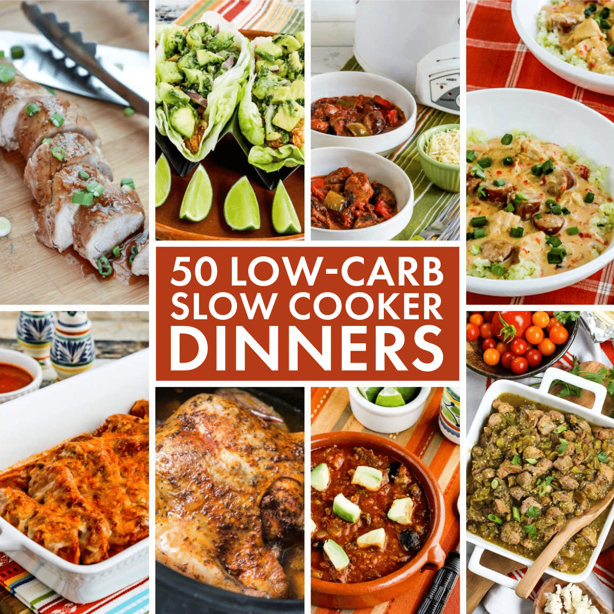 Text overlay collage for 50 Low-Carb Slow Cooker Dinners showing featured recipes.
