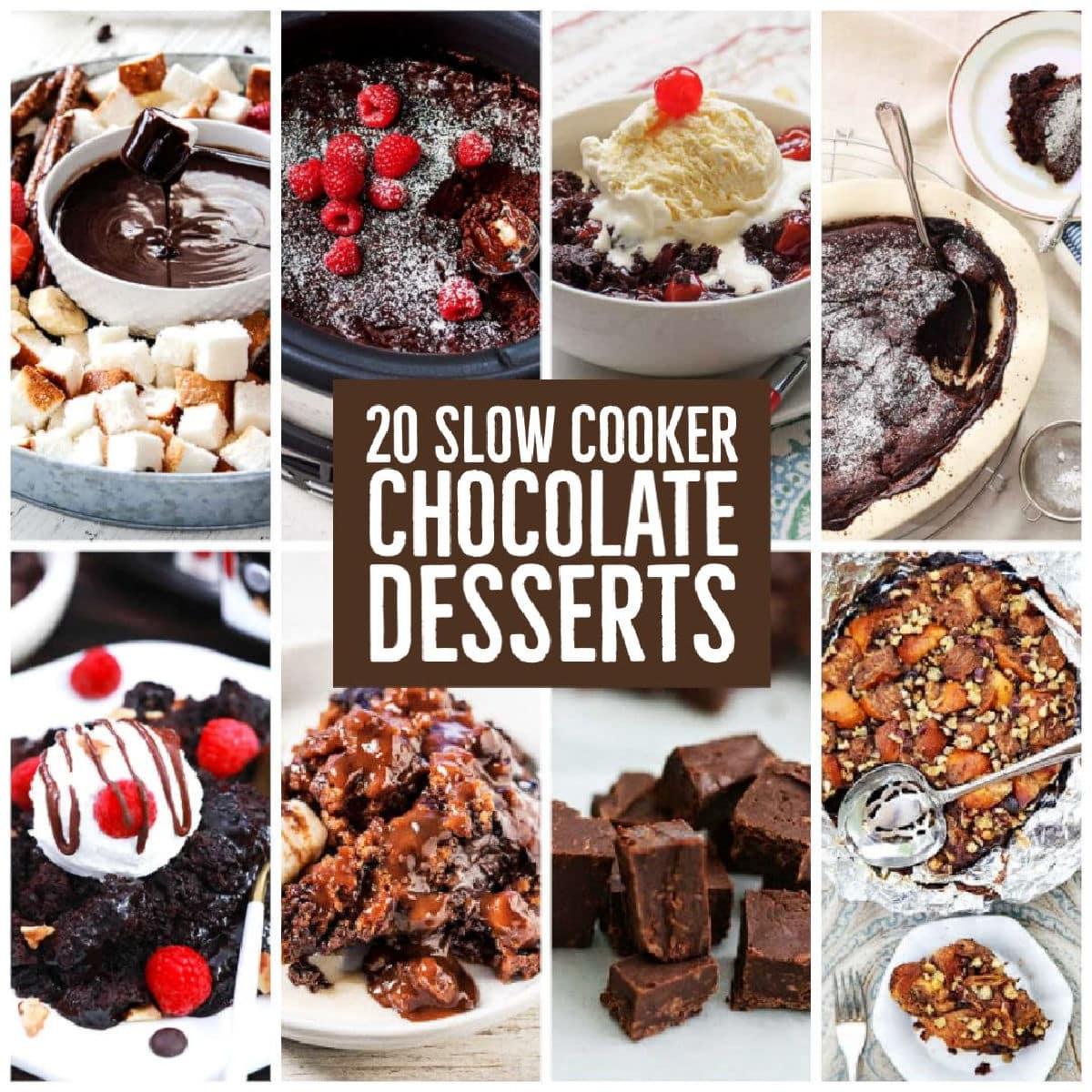 20 Slow Cooker Chocolate Desserts text overlay collage of featured recipes.