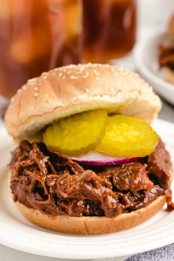 Barbecue Beef Sandwiches from Recipe Girl with pickles.