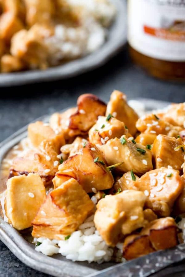 Easy Pressure Cooker Kung Pao Chicken shown on serving plate.
