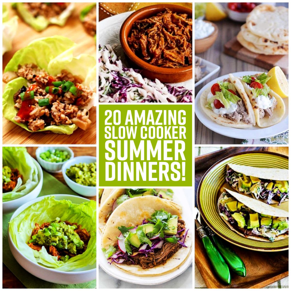 20 Amazing Slow Cooker Summer Dinners text overlay collage of featured recipes.