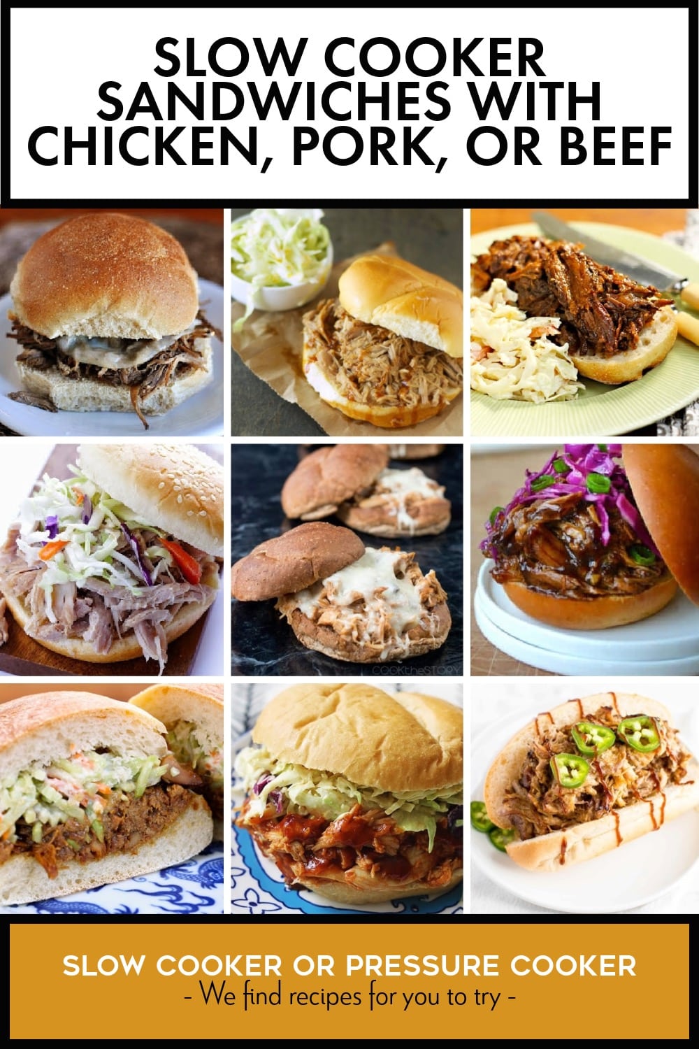 Pinterest image of Slow Cooker Sandwiches with Chicken, Pork, or Beef