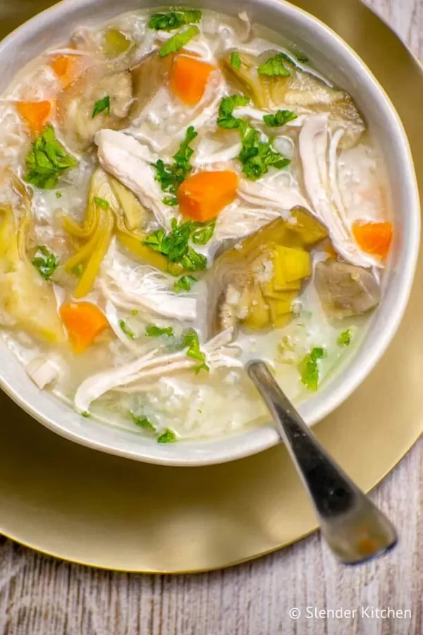 Slow Cooker Lemon Chicken Artichoke Soup from Slender Kitchen