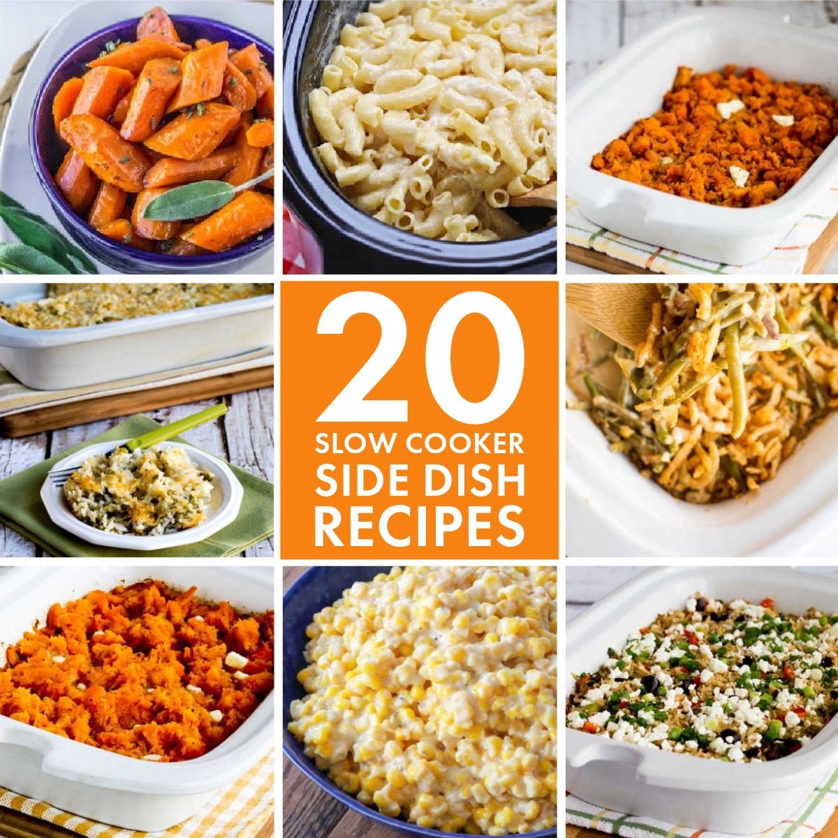 Collage photo for 20 Slow Cooker Side Dish Recipes showing featured recipes.