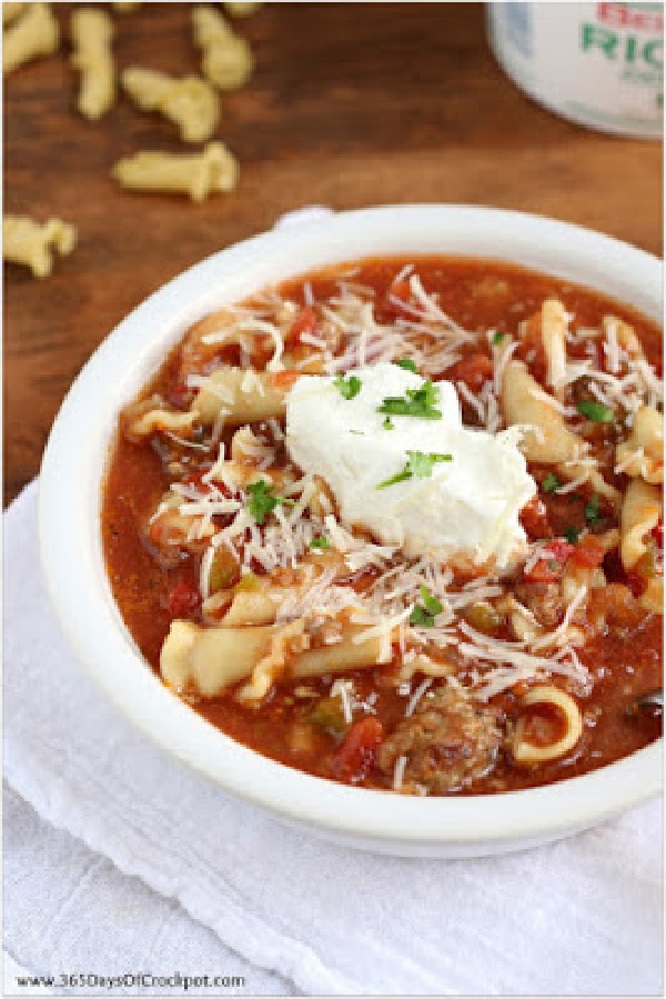 Slow Cooker Lasagna Soup shown in bowl.