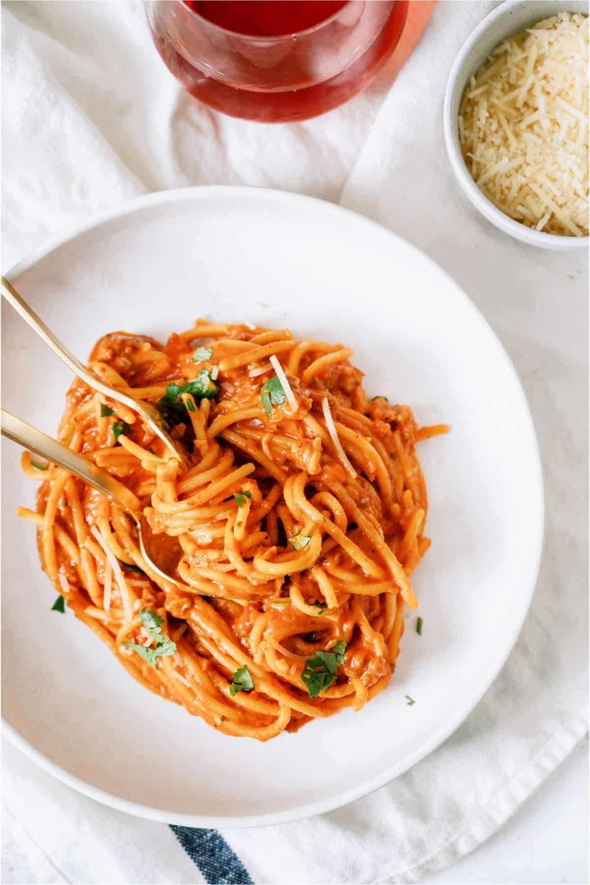 Slow Cooker Creamy Spaghetti shown on plate
