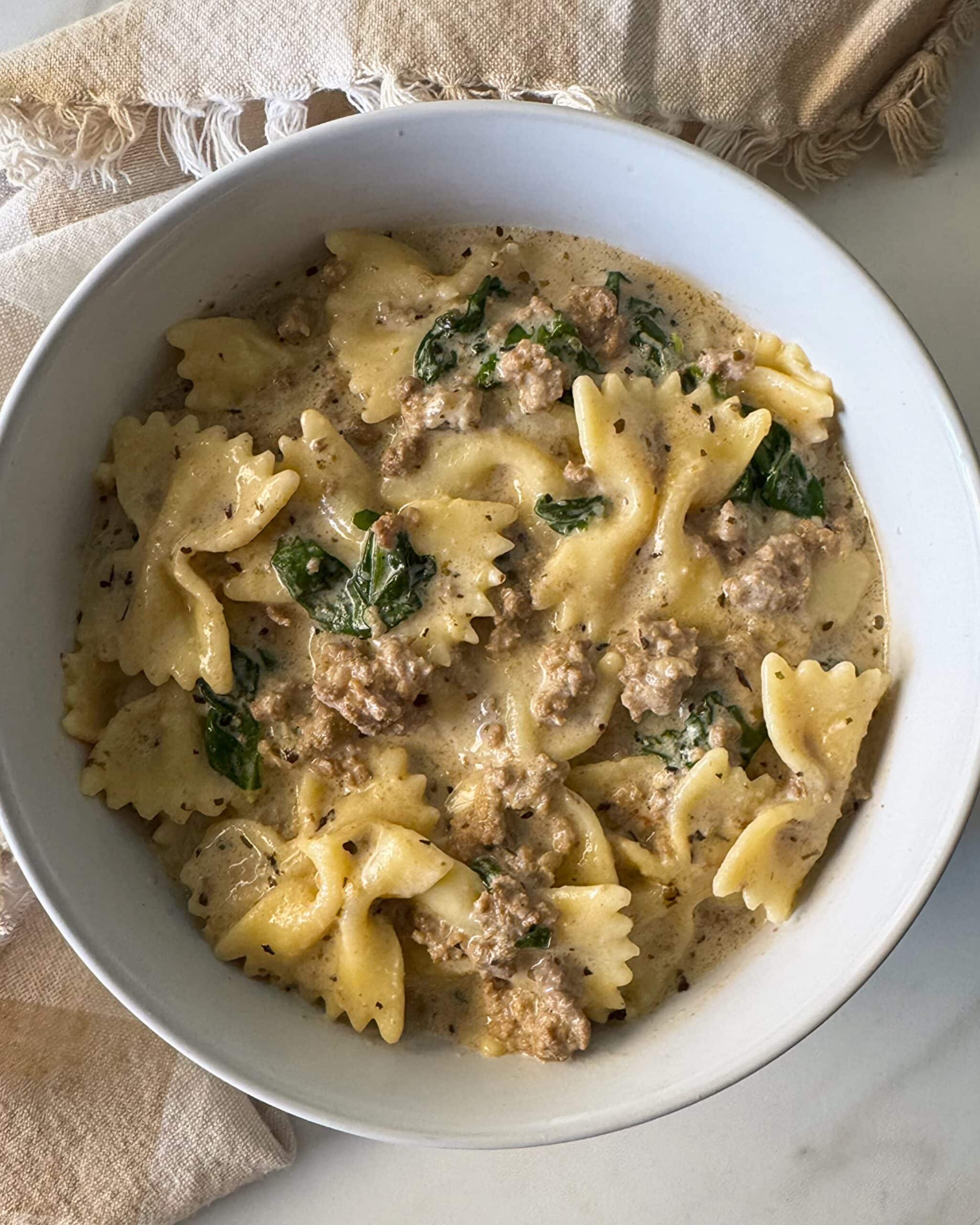 Crockpot Creamy Ground Beef Pasta shown in bowl.