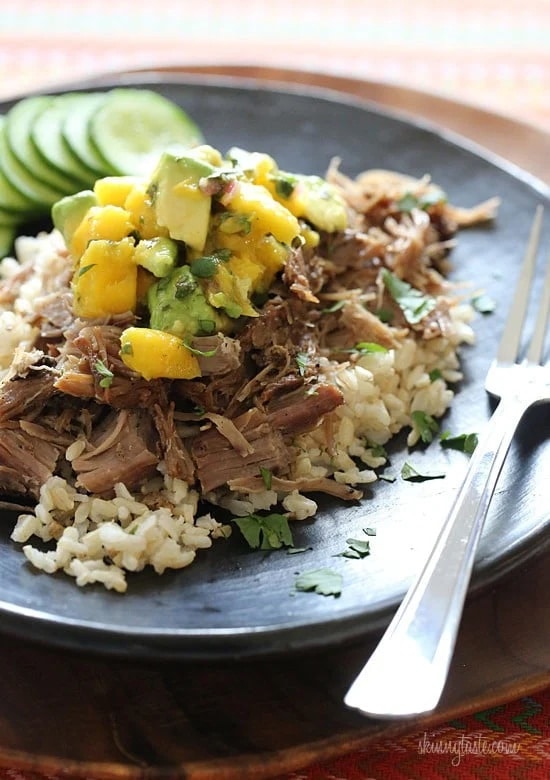 Slow Cooker Jerk Pork with Carribean Salsa from Skinnytaste shown on plate with fork.