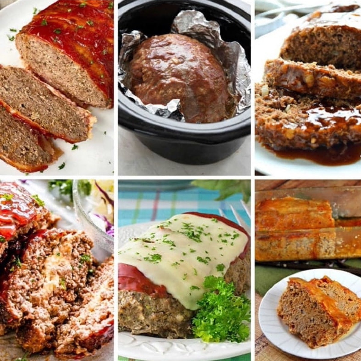 Collage photo of Slow Cooker Meatloaf Recipes showing featured recipes.