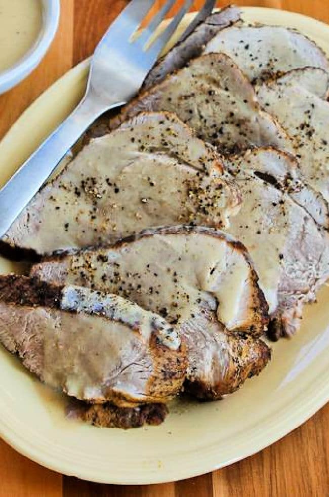 Slow Cooker Bavarian Pork Roast from Kalyn's Kitchen shown on serving platter.