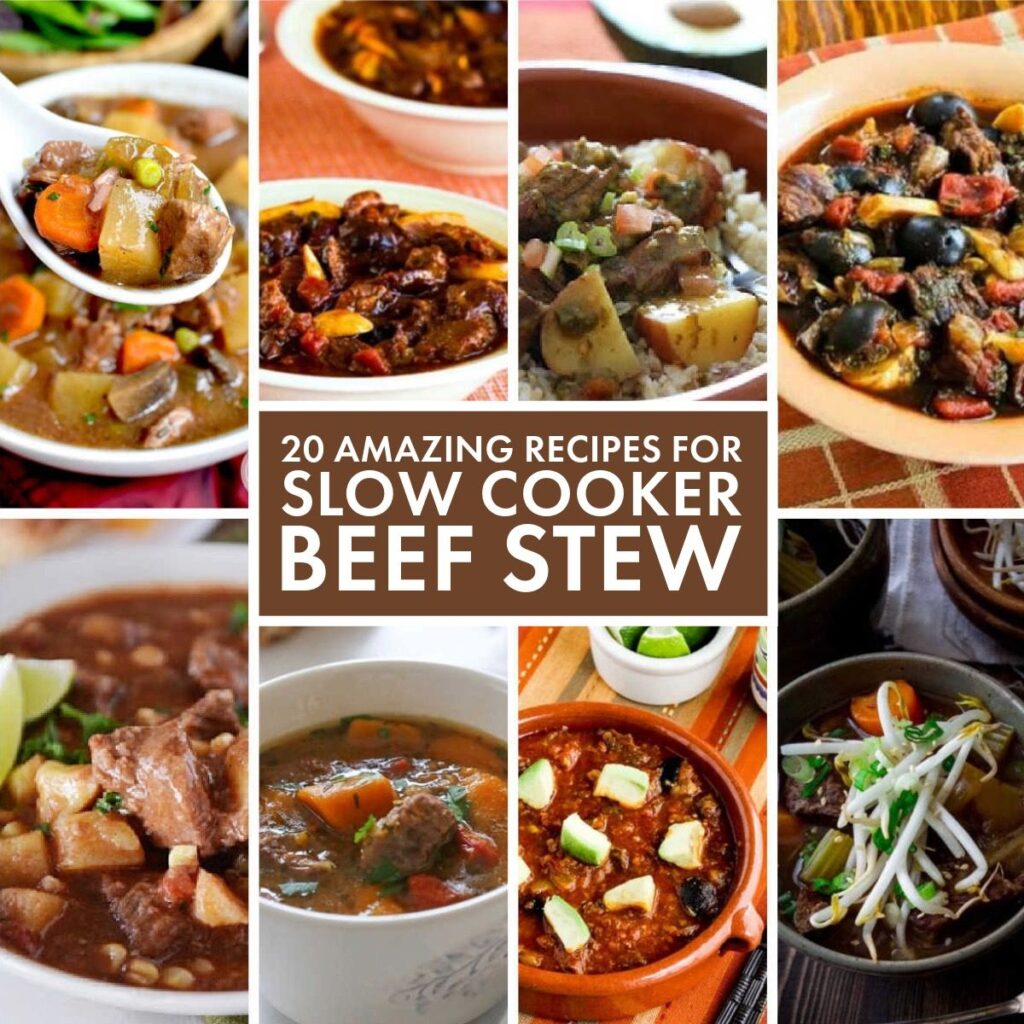 20 Amazing Recipes for Slow Cooker Beef Stew collage of featured recipes with text overlay.