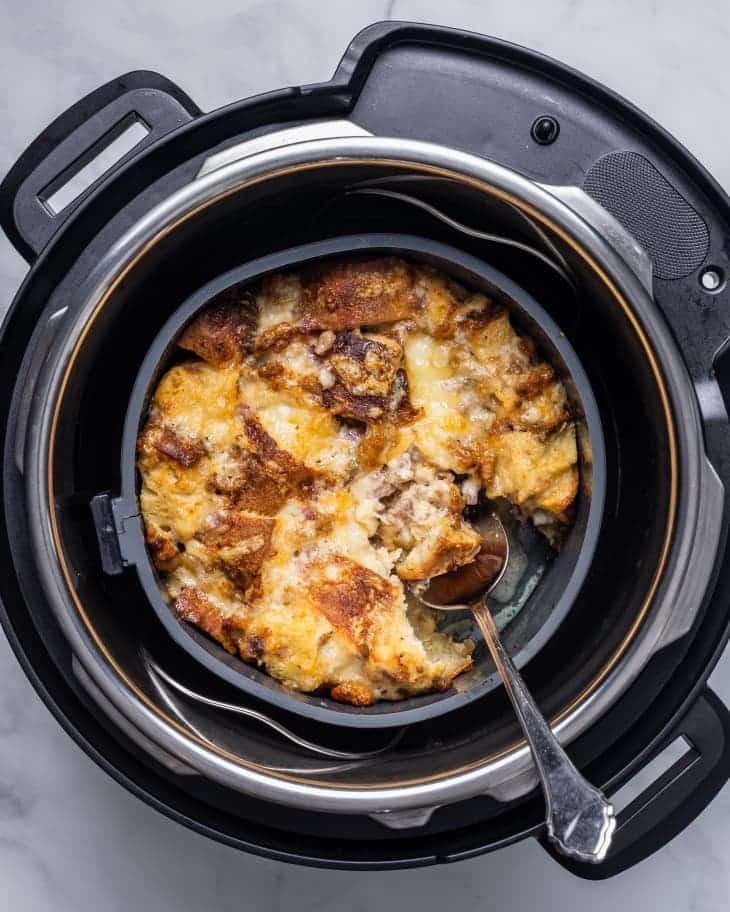 Instant Pot Sausage, Egg, and Cheese Strata from the Kitchn shown in Instant Pot.