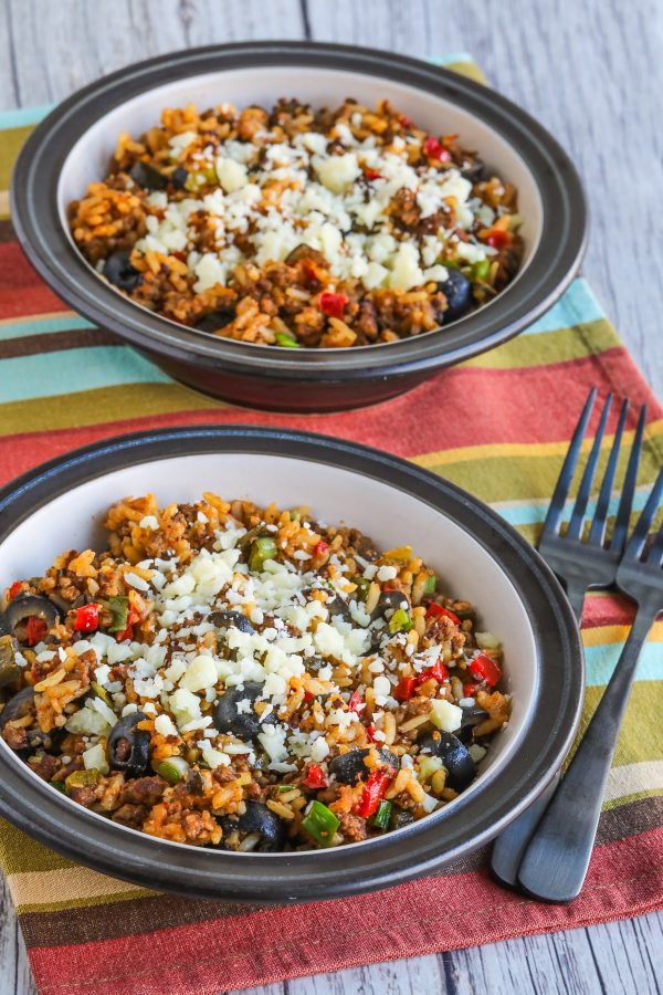 Slow Cooker Beef Taco Bowls from Kalyn's Kitchen shown with two taco bowls on napkin.