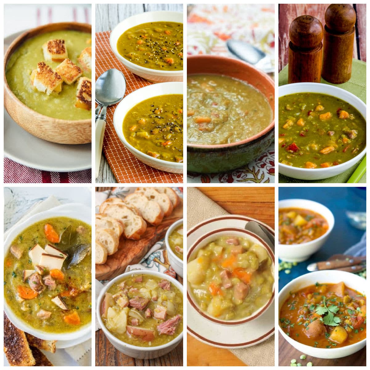 Slow Cooker and Instant Pot Split Pea Soup collage of 8 featured recipe photos.