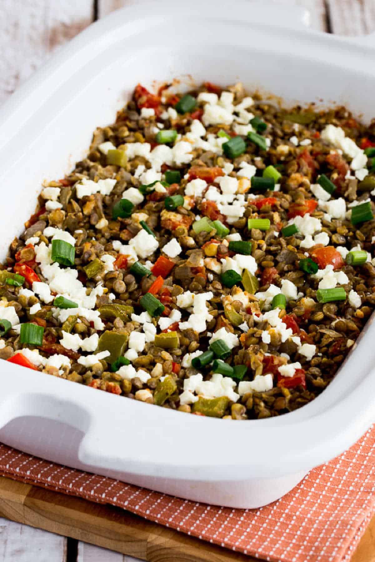 Slow Cooker Lentils shown in casserole crock pot.