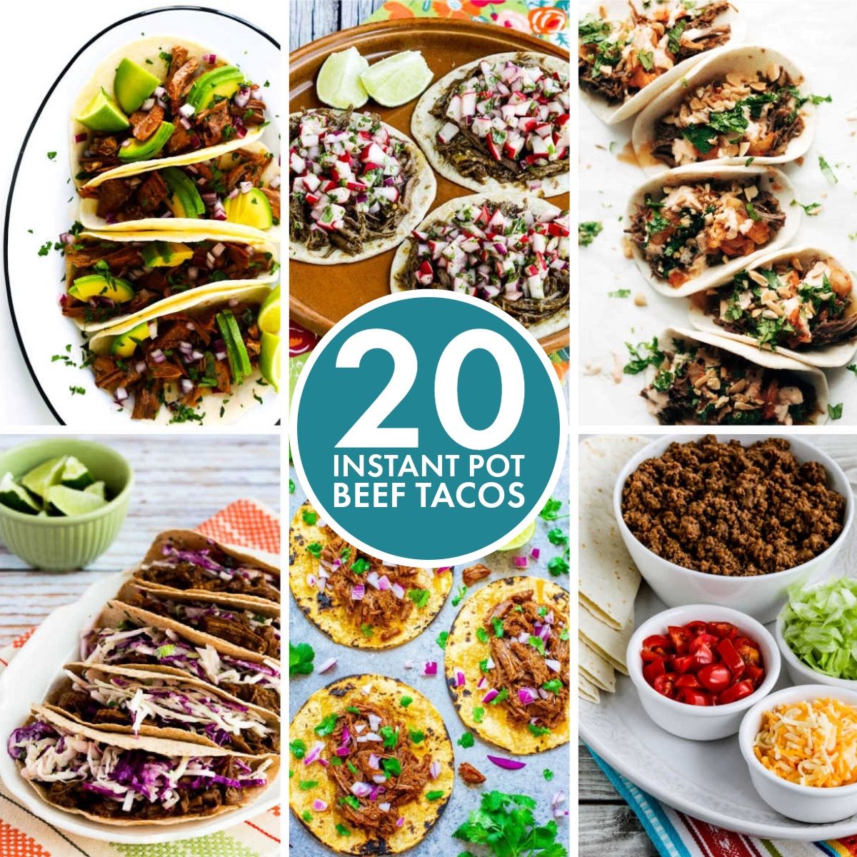 Collage image for 20 Instant Pot Beef Tacos showing featured recipes.