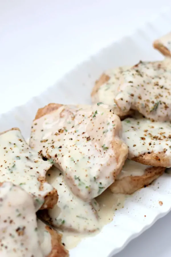 Instant Pot Sour Cream Pork Chops from 365 Days of Slow + Pressure Cooking shown on plate with gravy.