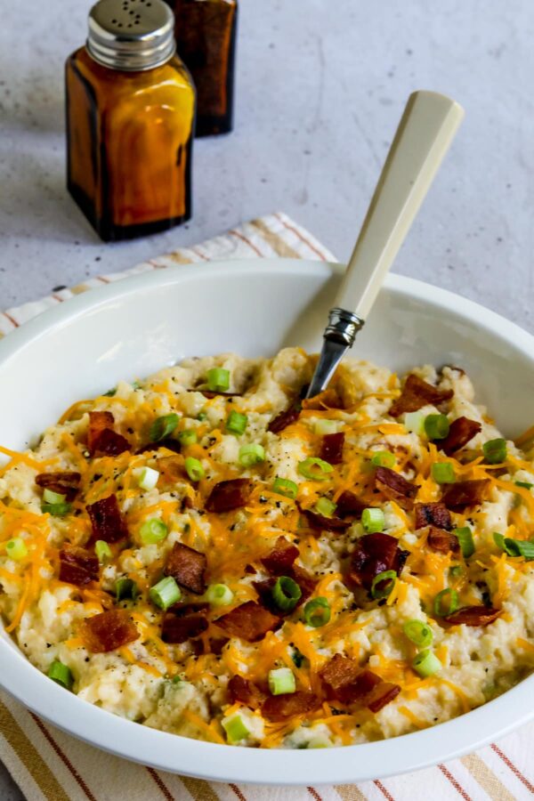Loaded Cauliflower Mash (Instant Pot or Stovetop) shown in serving bowl.