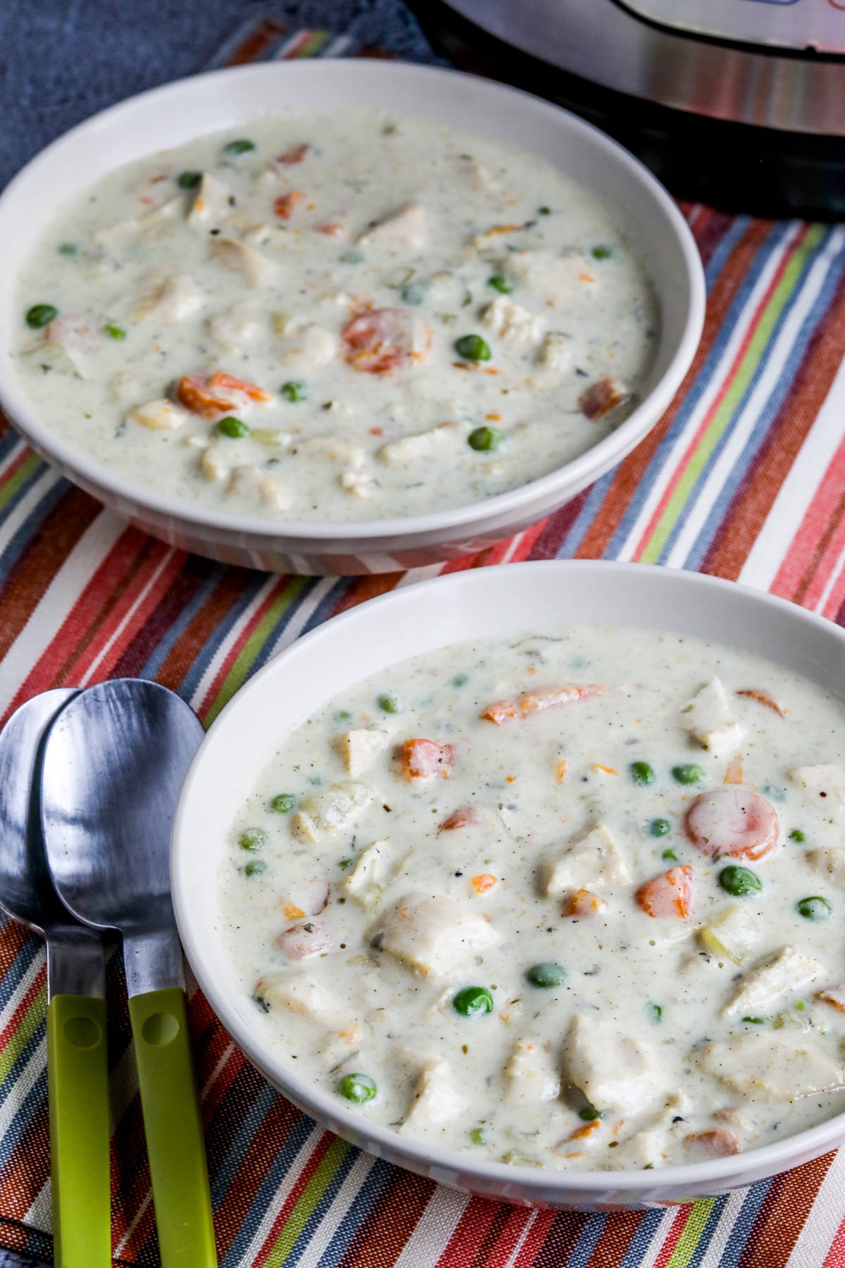 Instant Pot Chicken Pot Pie Soup shown in two bowls.